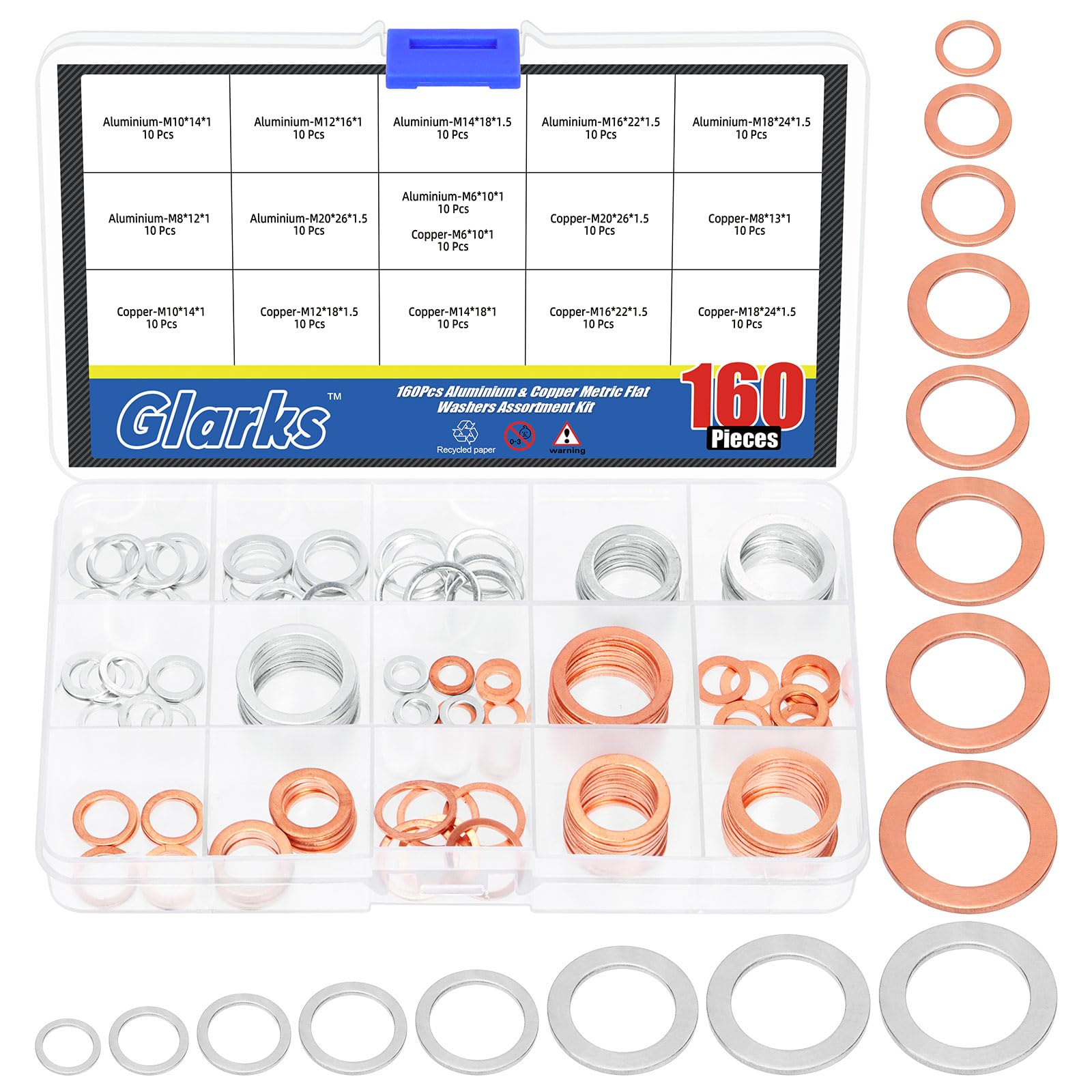 Glarks 160 pezzi rondelle olio rame alluminio M6 M8 M10 M12 M14 M16 M18 M20 set guarnizioni tappo olio