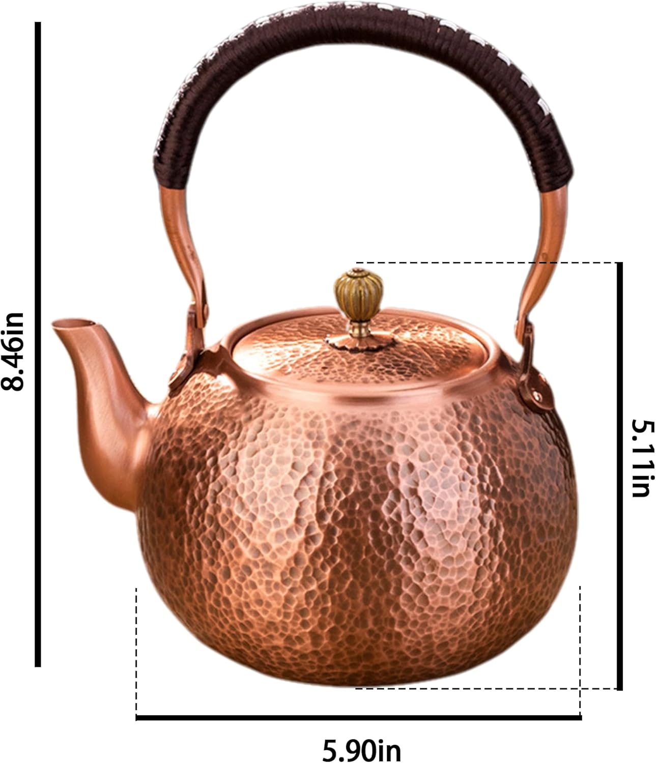 Copper Tea Kettle for Stovetop: Handmade Solid Copper Pot without Coating, Extra Thick Stove Top Tea Kettle Teapot, Hammered Teapot for Stovetop (1420ML)