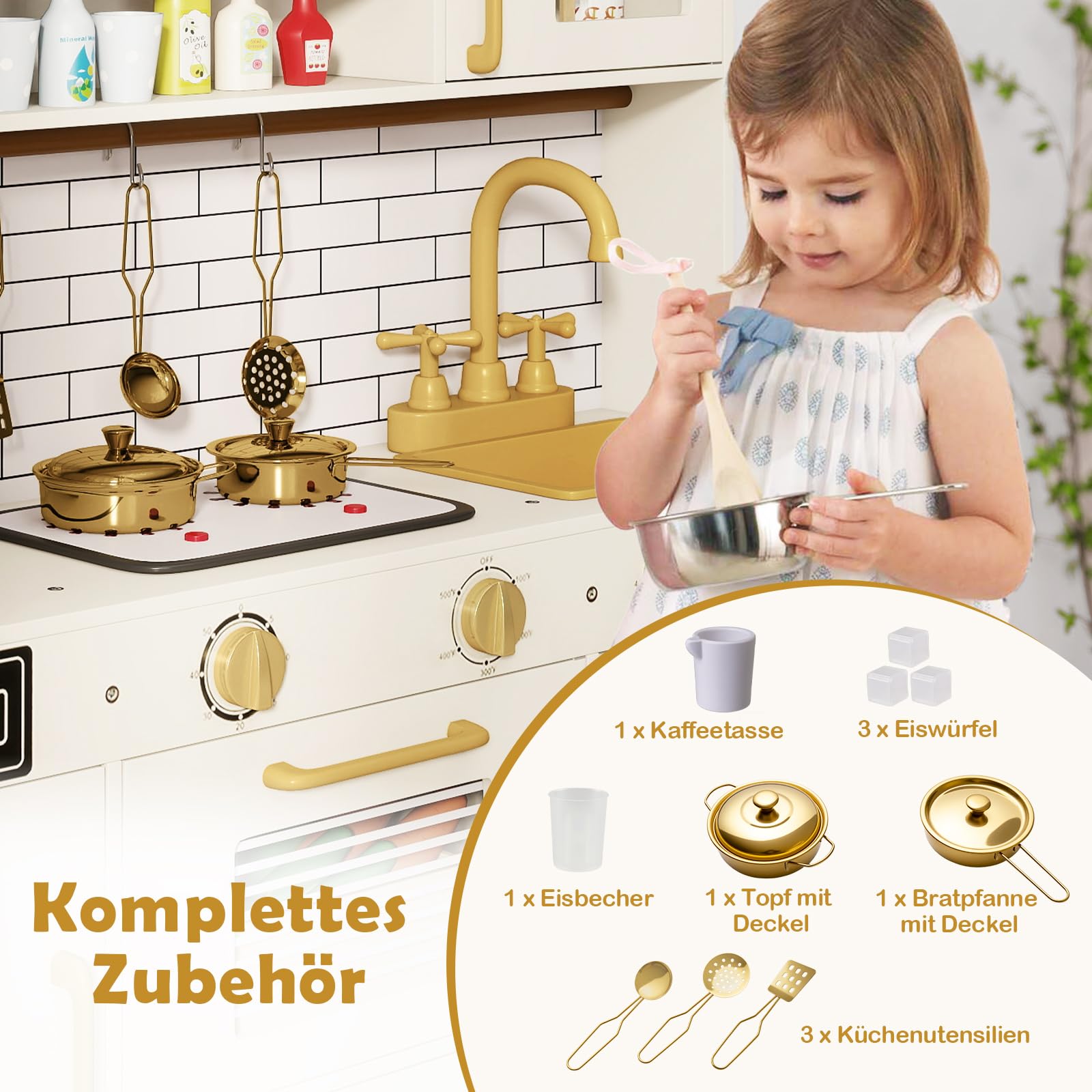 COSTWAY Kinderküche, Spielküche mit Licht und Sound, Holzküche inkl. Zubehör mit Spüle, Eisspender, Mikrowelle, Wasserspender & Ofen, Spielzeugküche für Kinder ab 2 Jahren