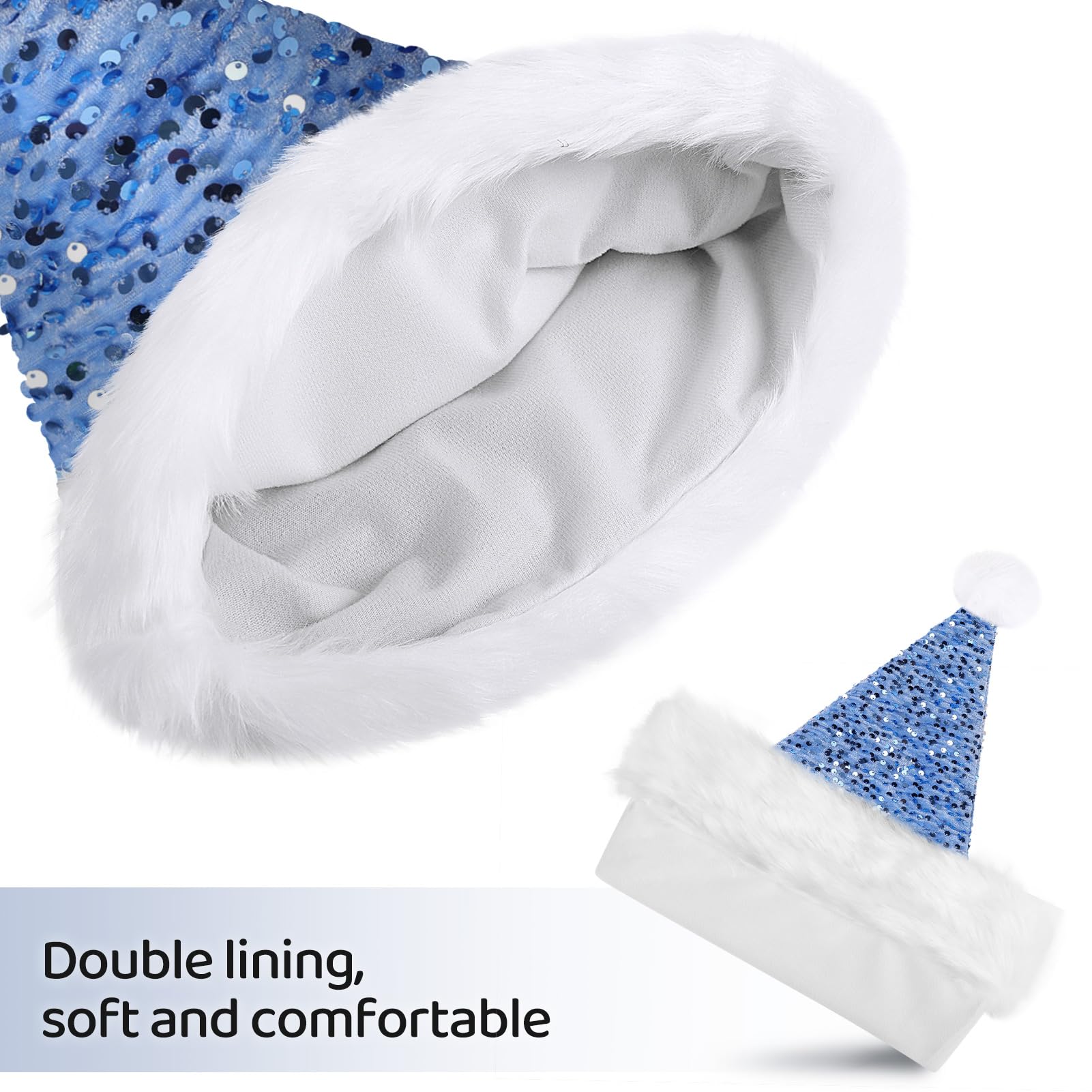 KONVINIT Sequin Christmas Hat for Adult,Blue Santa Hat uxury Plush Xmas Hat Glitter Santa Claus Hat Father Christmas Hat with a Pompom for Men and Women,blue - Image 4