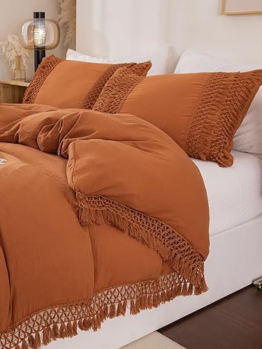 Miniatura 2 de QWINEE Juego de funda de edredón de 3 piezas con ribete de borlas, suave y elegante juego de ropa de cama con 1 funda de edredón y 2 fundas de