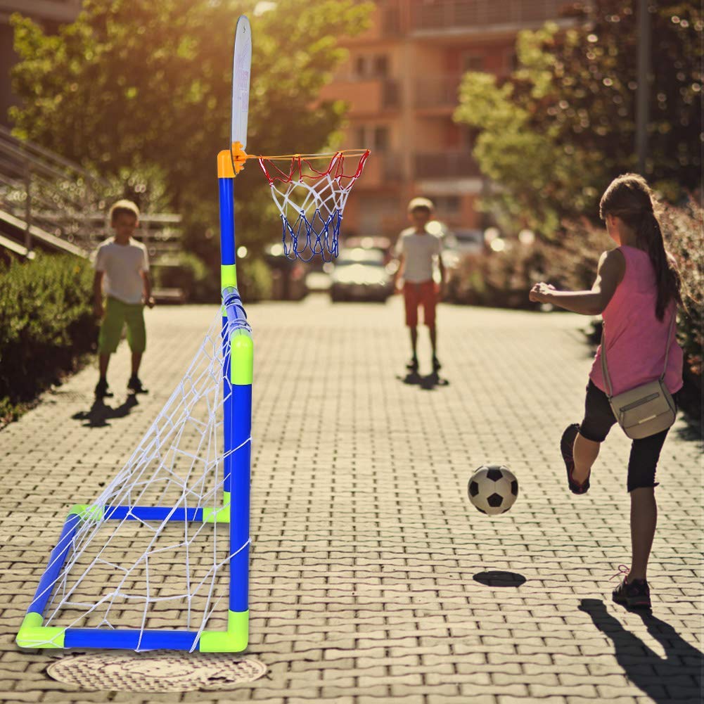VGEBY Set di Pallacanestro da Calcio, 2 in 1 Porta da Calcio e Stand da Basket per Bambini Altri Giocattoli da Esterno per Bambini