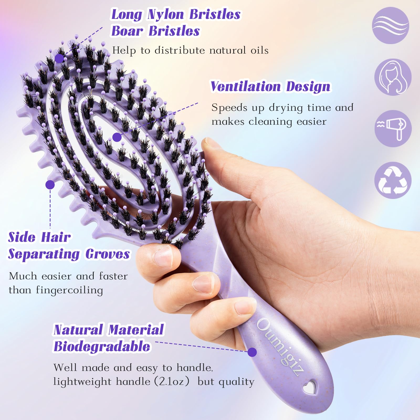 Cepillo definidor de rizos, cepillo de cerdas de jabalí para desenredar el cabello para mujeres y niñas, cabello grueso, rizado, ondulado, uso en seco y húmedo, secado rápido, cepillo de peinado