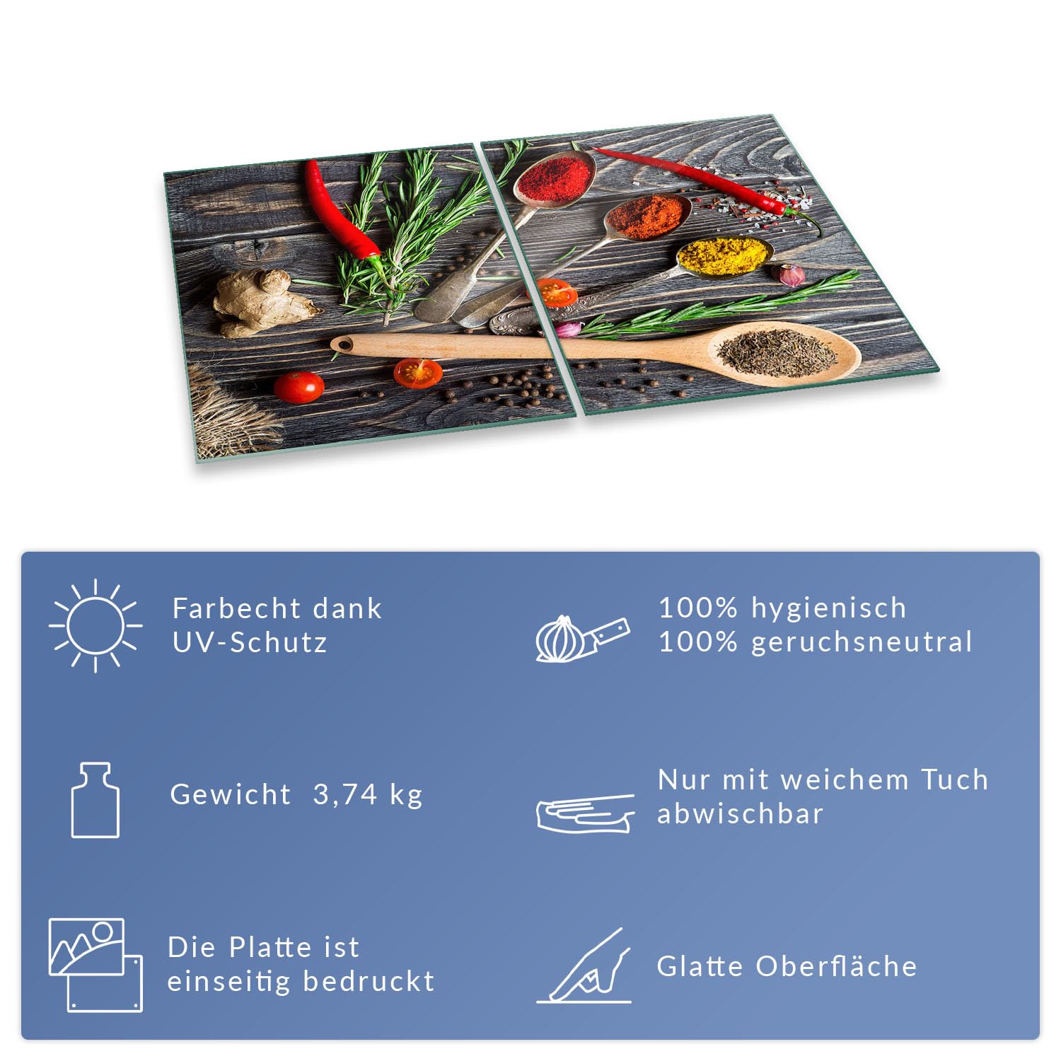 Herdabdeckplatte Abdeckung Ceranfeld Abdeckplatte Schneidebrett 2-Teilig 80x52 Gewürze Mehrfarbig Spritzschutz Glasplatte Ceranfeldabdeckung Schutz Herdschutz Sicherheitsglas Glasschneidebrett 2x40x52