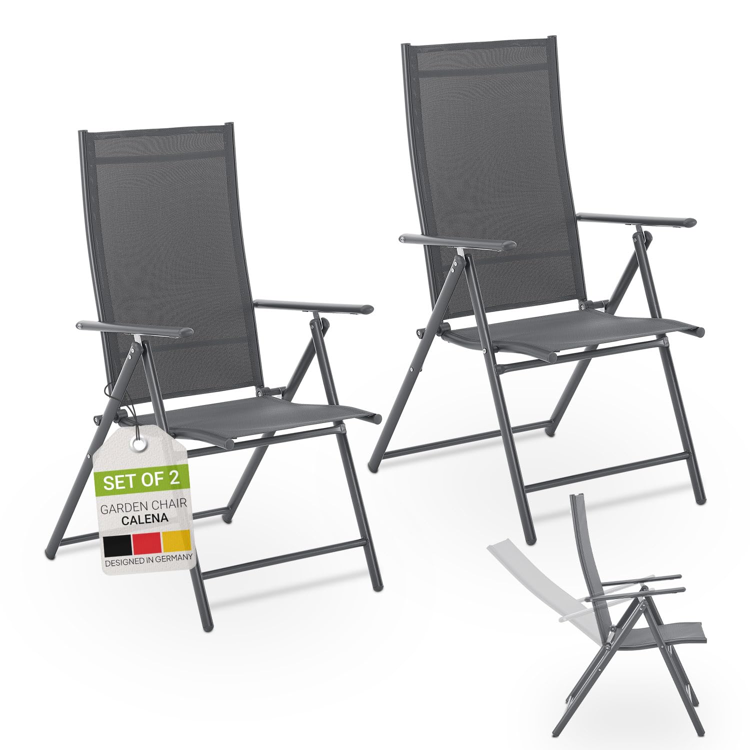 Juskys Chaise de Jardin Calena - Lot de 2 - Dossier 7 Positions, Pliable - Structure Acier thermolaqué, Tissu Respirant & Confortable