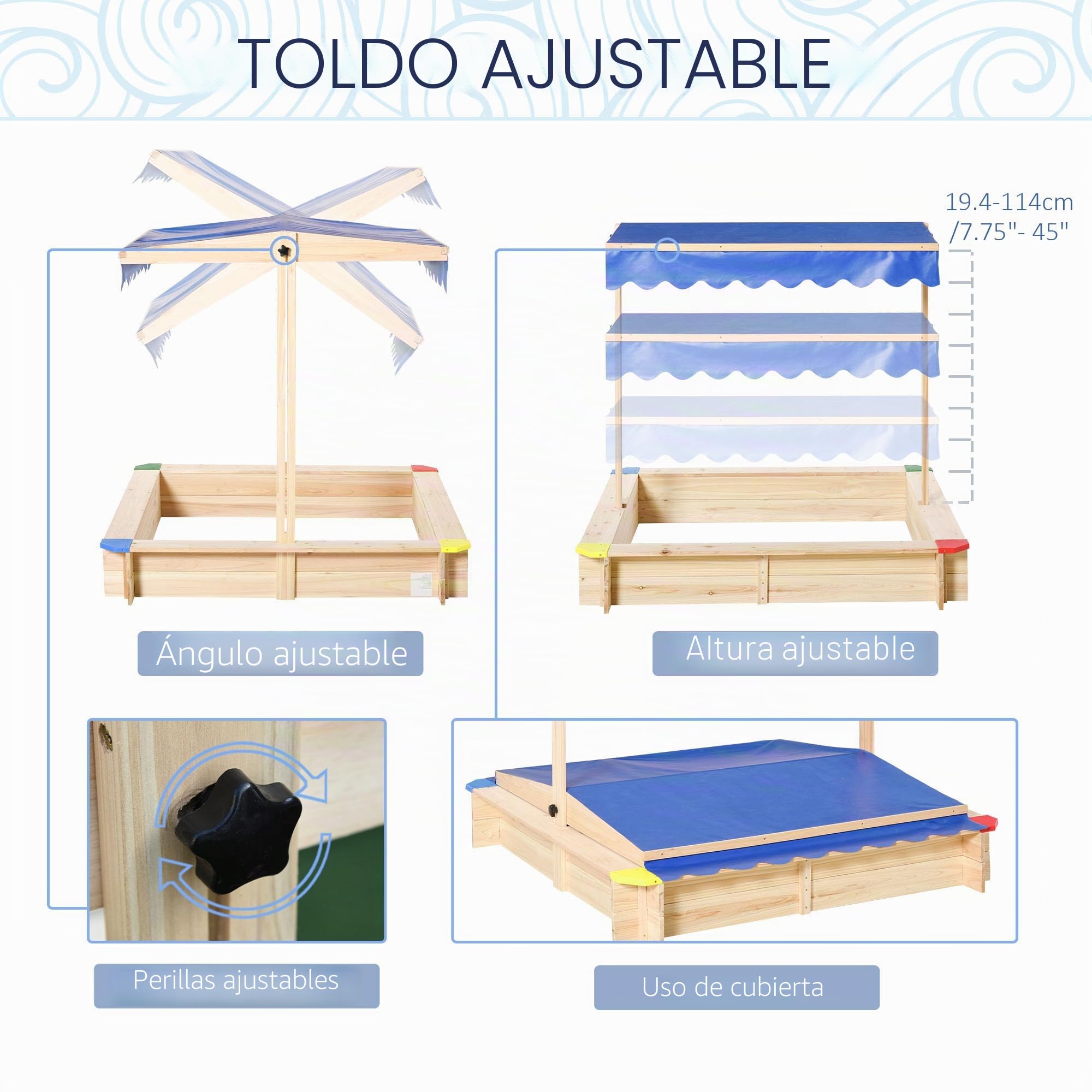 Outsunny Arenero de Madera para Niños con Techo Cajón de Arena Toldo Ajustable Espacioso 120x120x120 cm para Jardín Exterior al Aire Libre Color Madera Natural