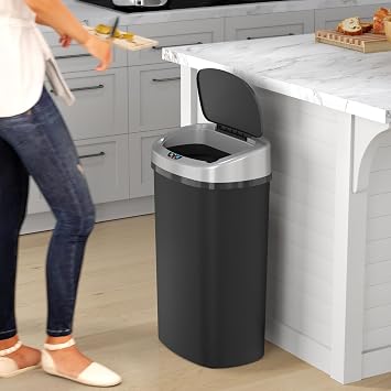 iTouchless 13 Gallon Oval Sensor Kitchen Trash Can with Odor Filter System, Durable Dent-Proof Automatic Lid Garbage Bin, Great Waste Bin for Home, Office, Business, Slim Space-Saving, Black Plastic