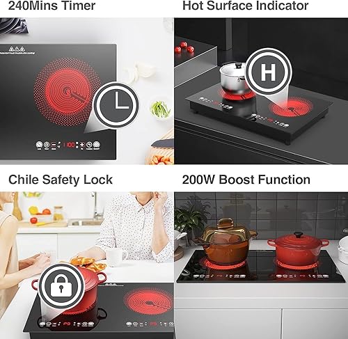 Miniatura 3 de Estufa eléctrica de 2 quemadores de 24 pulgadas, estufa eléctrica de 110 V, quemador infrarrojo de 2200 W, compatible con todos los utensilios de