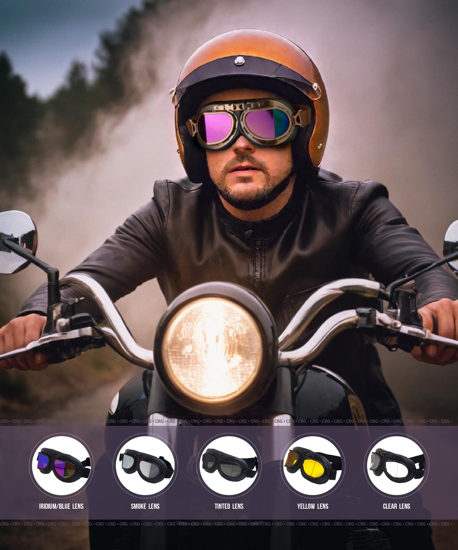 CRG Sports Vintage Aviator Pilot Style Moto Cruiser Scooter Goggle T08 T08BSB Lente Argento, telaio nero, imbottitura nera