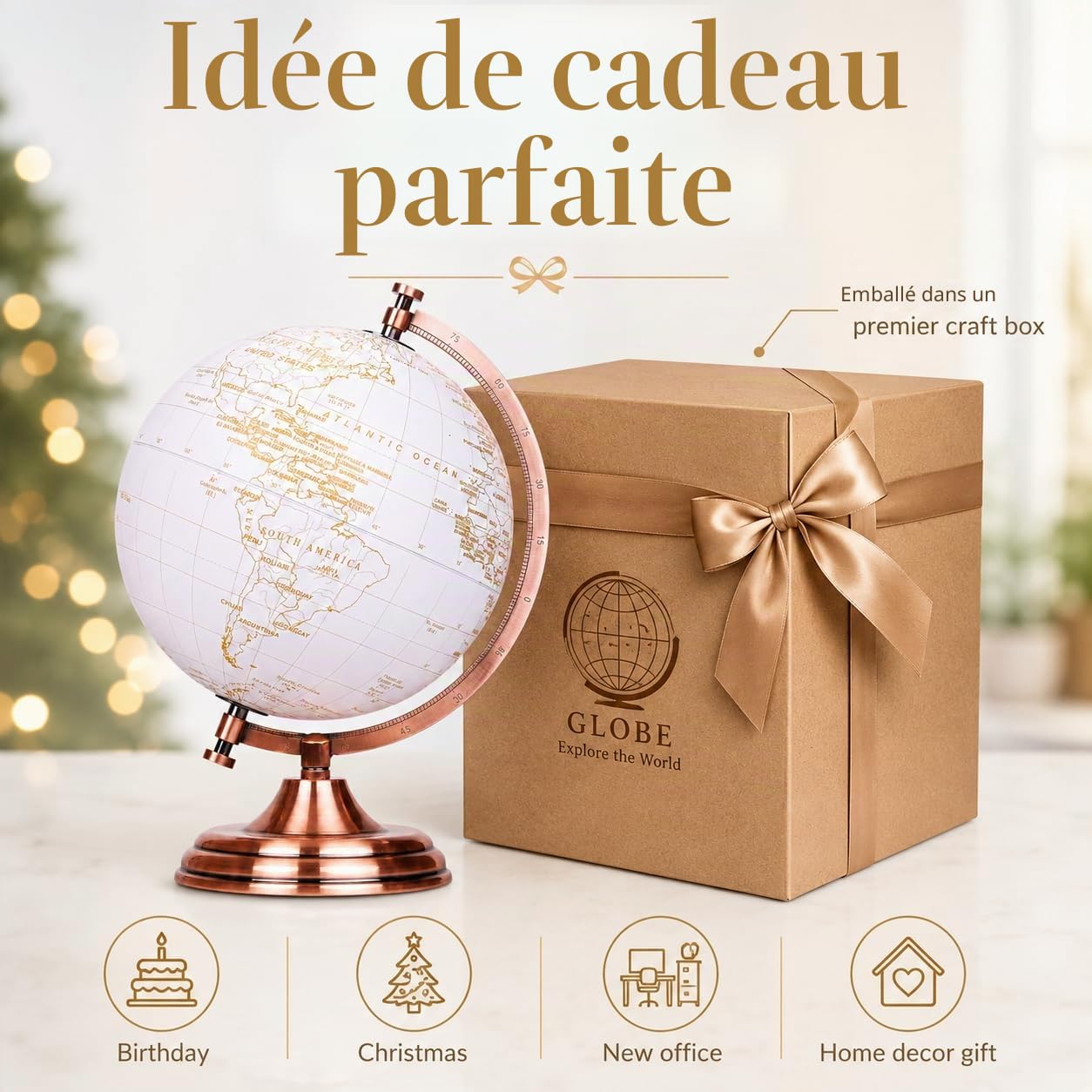 EXERZ 20cm Globe d'or Couleur Métallique - Carte en Anglais - Décoration De Bureau Éducative, Géographique Et Moderne - Arc Et Base En Métal, Revêtus De Couleur Dorée