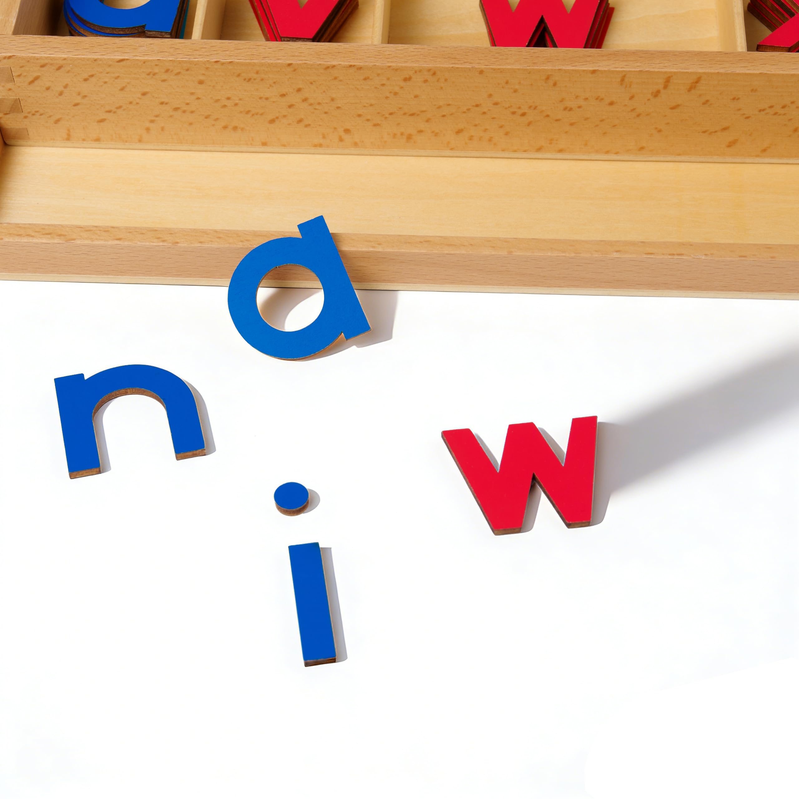 Premium Holzbuchstaben Bewegliches Alphabet 15 Zoll 2.5 lbs | 155 Kleinbuchstaben mit Buchenholz-Box | Montessori Rote & Blaue Buchstaben für erstes Schreiben & Lesen, Klein Bewegliches Alphabet