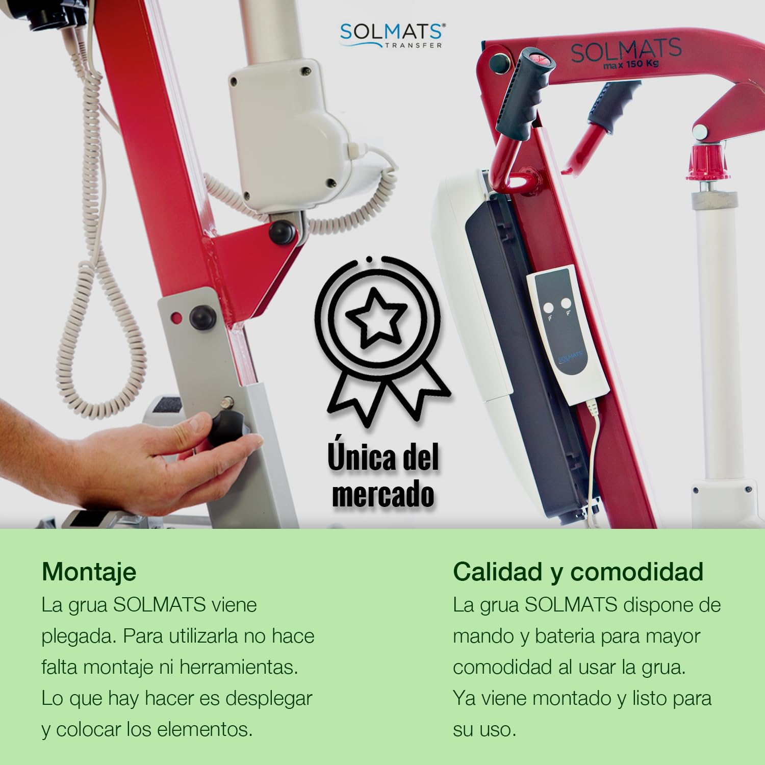 Grúa enfermos, Grúa para personas mayores, Grúa electrica, 150 KG, Solmats Grúa dúo, Grúa dos en uno, Personas Mayores, Dos arneses incluidos, Fabricado en España