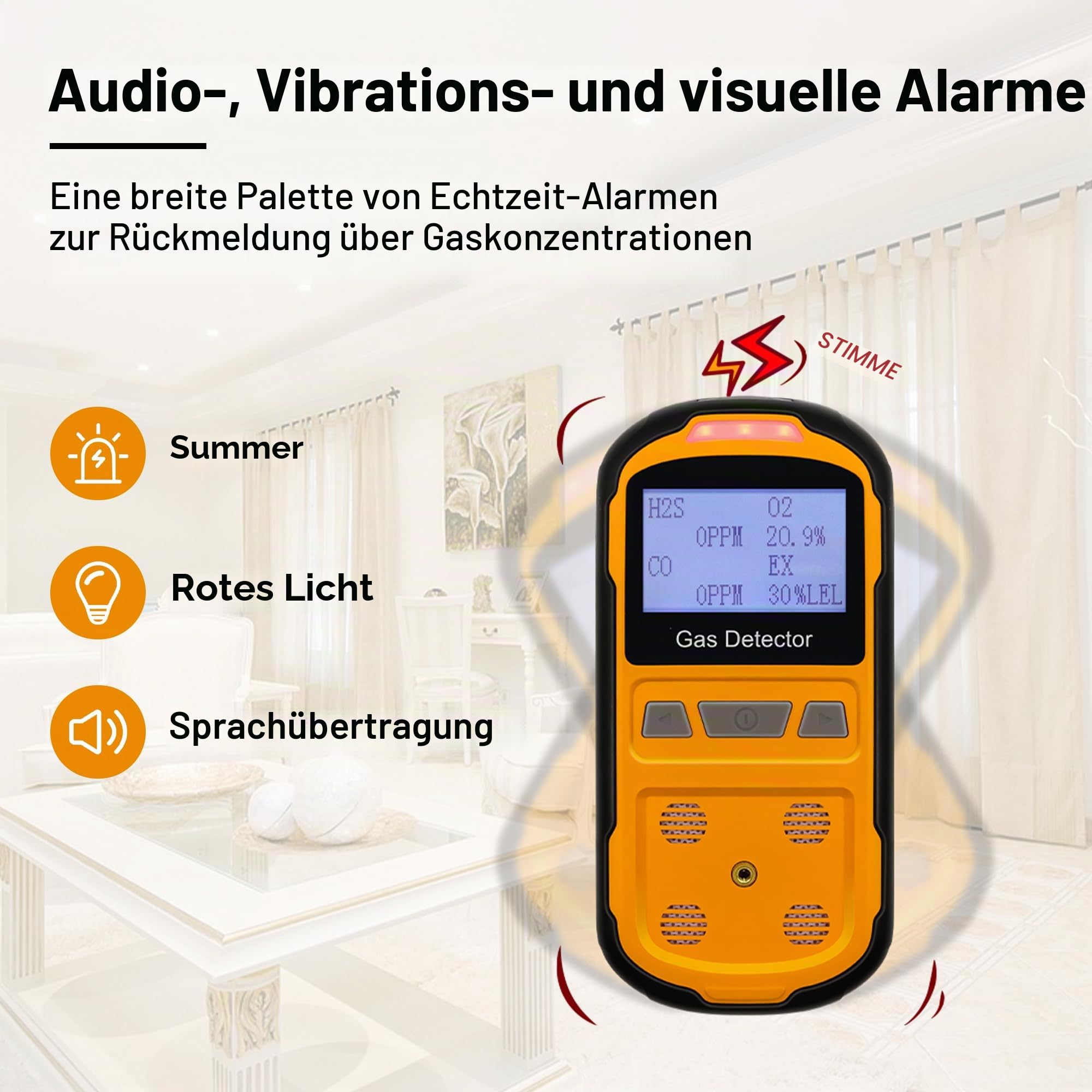 Gaslecksuchgerät für H2S CO O2 und LEL, tragbarer Multi-Gasmelder Gasdetektor mit akustischen, visuellen und Vibrationsalarmen, Handheld 4-in-1-Gas-Monitor-Messgerät, LCD-Display (Orange)