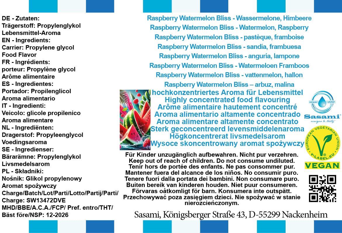 Raspberry Watermelon Bliss - anguria, lampone aroma concentrato - vegano - Sasami - 100ml