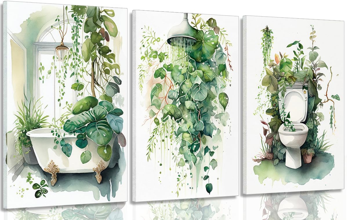 Amazon.com: 3Pcs Framed Botanical Bathroom Wall Art Sage Green Leaves ...