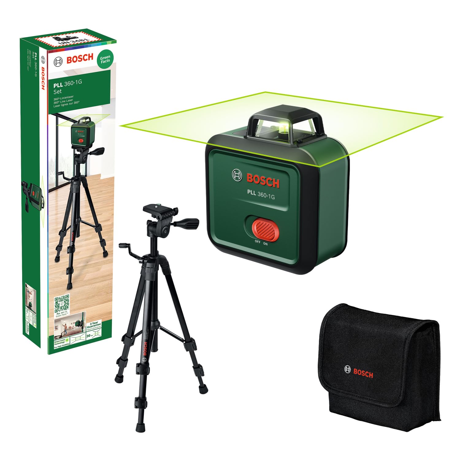Bosch Green Plane Laser Pll 360-1G (360° Laser, Self-Levelling, ±0.4 Mm/M Accuracy, Integrated Rechargeable Li-Ion Battery, Usb-C® Charging, In Cardboard Box)