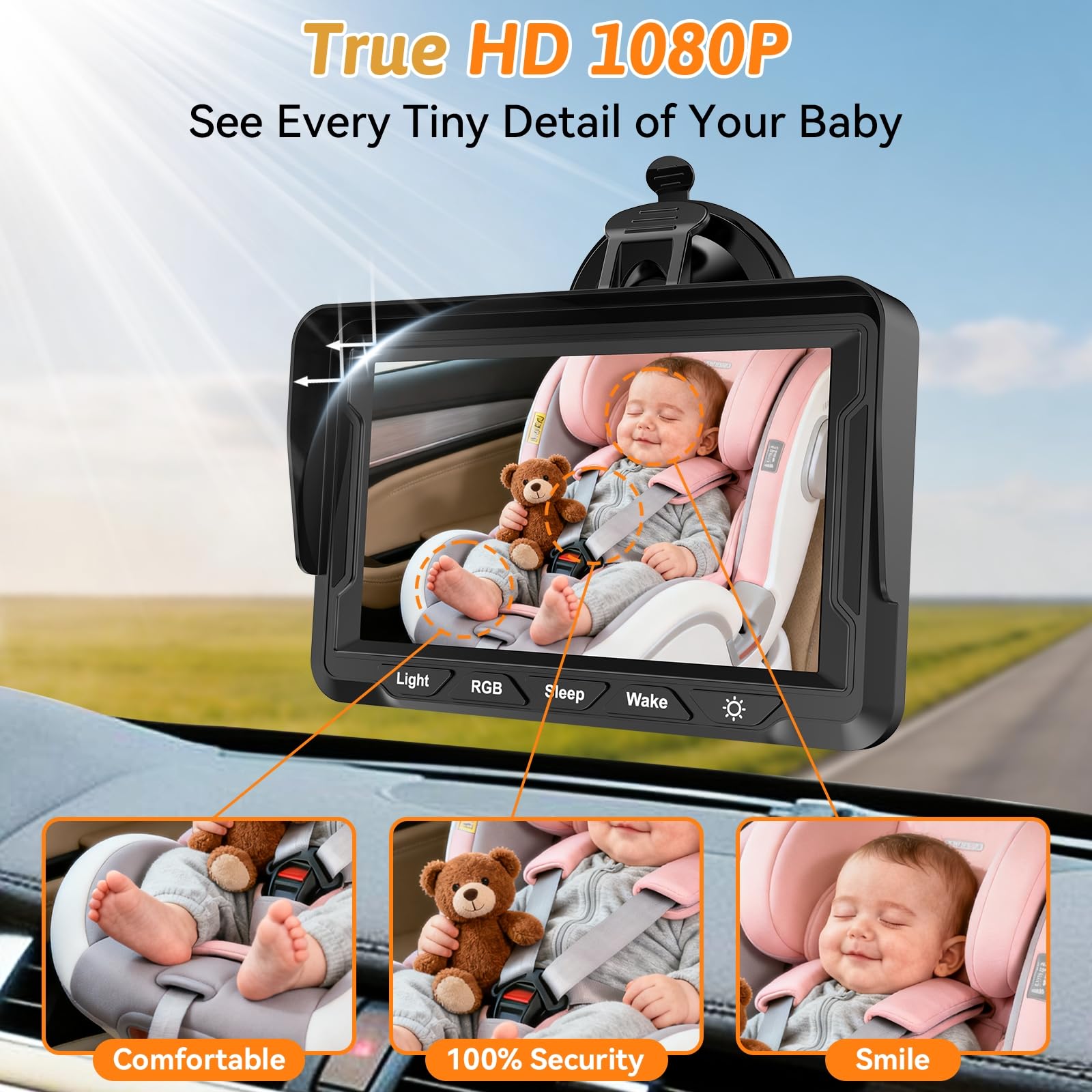 Cámara HD 1080P para coche de bebé con luz ajustable: visión nocturna clara para mantener la tranquilidad para viajes diarios y viajes largos por carretera, visión amplia de 150°, fácil configuración | Cámara de asiento de coche para bebé orientado hacia