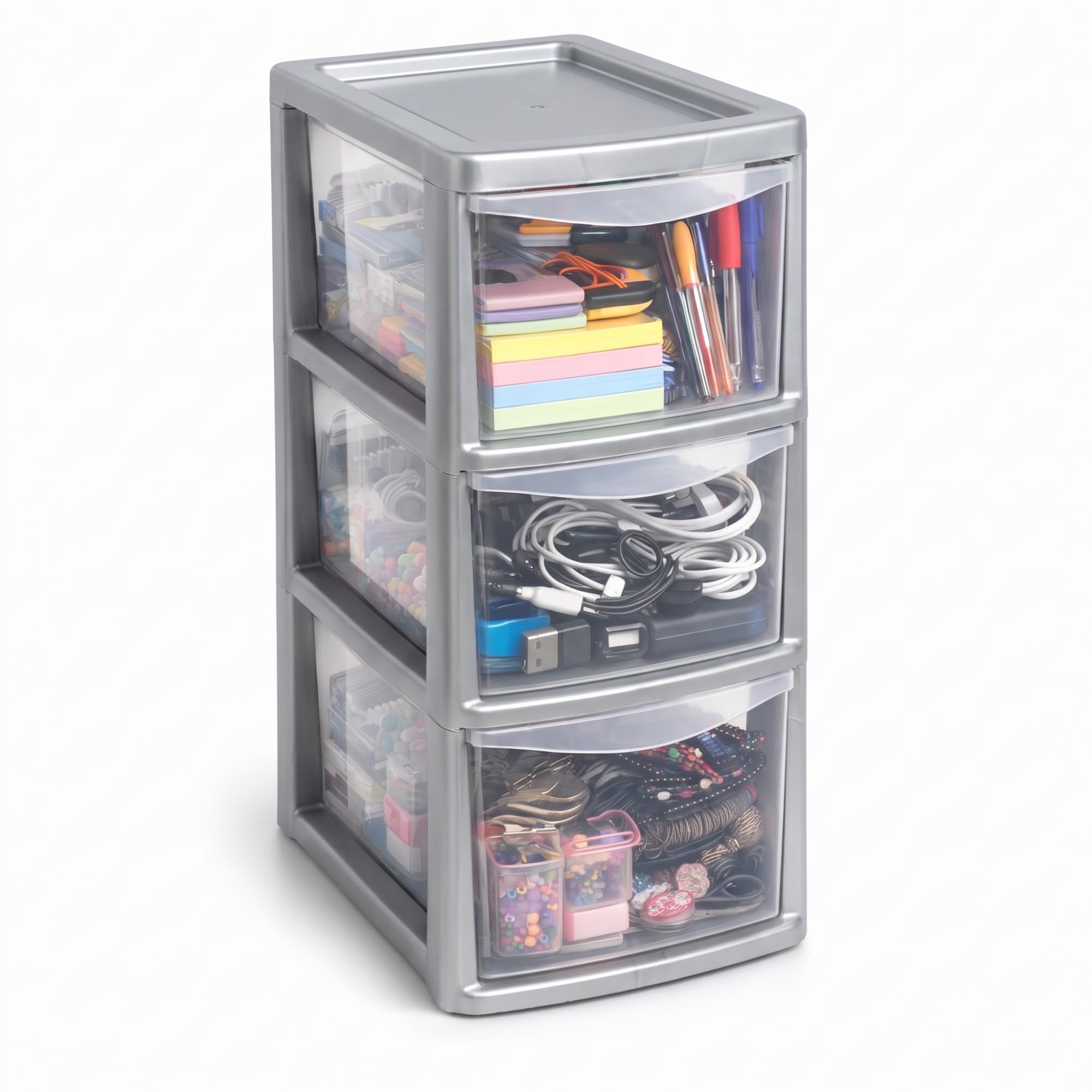 KHANARY - Medium Storge Drawer Unit - Plastic Modular Easy-Glide Drawers - Space-Saving Compact Storage Cabinet for Bedroom, Living Room, Office, Household Essentials, Silver/Clear, 3 Tier — image 1