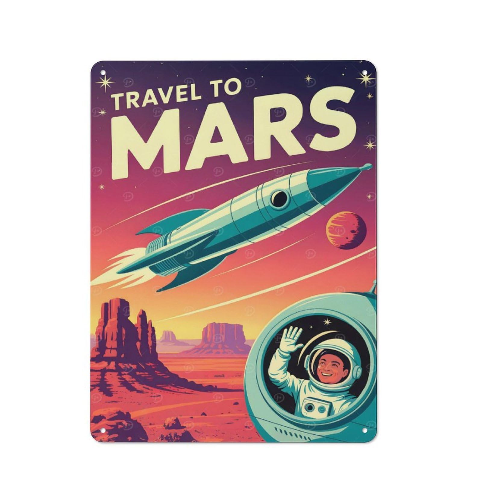 Junmoney Style-23 Understated Travel To Mars Retro Metal Wall Plaque 40X30cm, Creative Space Decor For Office, Study, Studio Or Hallway