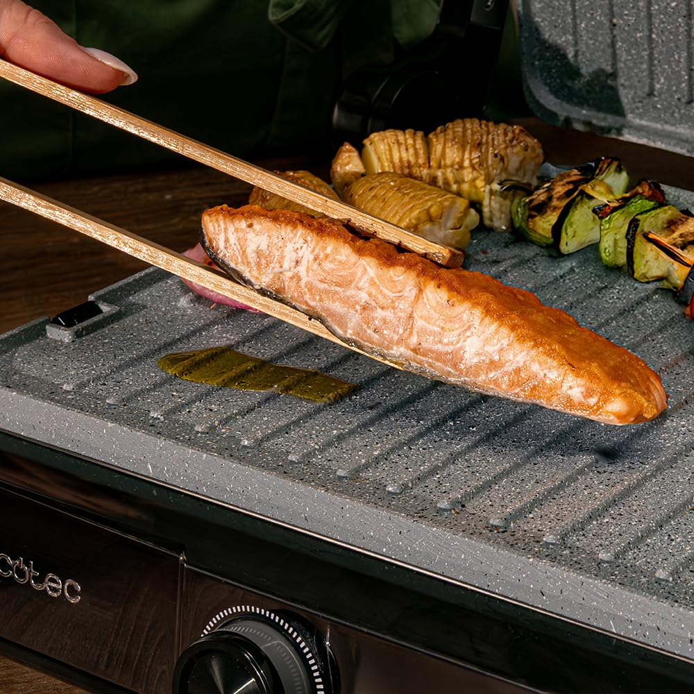 Cecotec Rock'nGrill 2200 Dual Grill elektryczny 2200 W, otwarcie 180°, podwójna temperatura, nieprzywierająca RockStone, odwrócone płyty, zbierające, wskaźnik świetlny, 29 x 23 cm