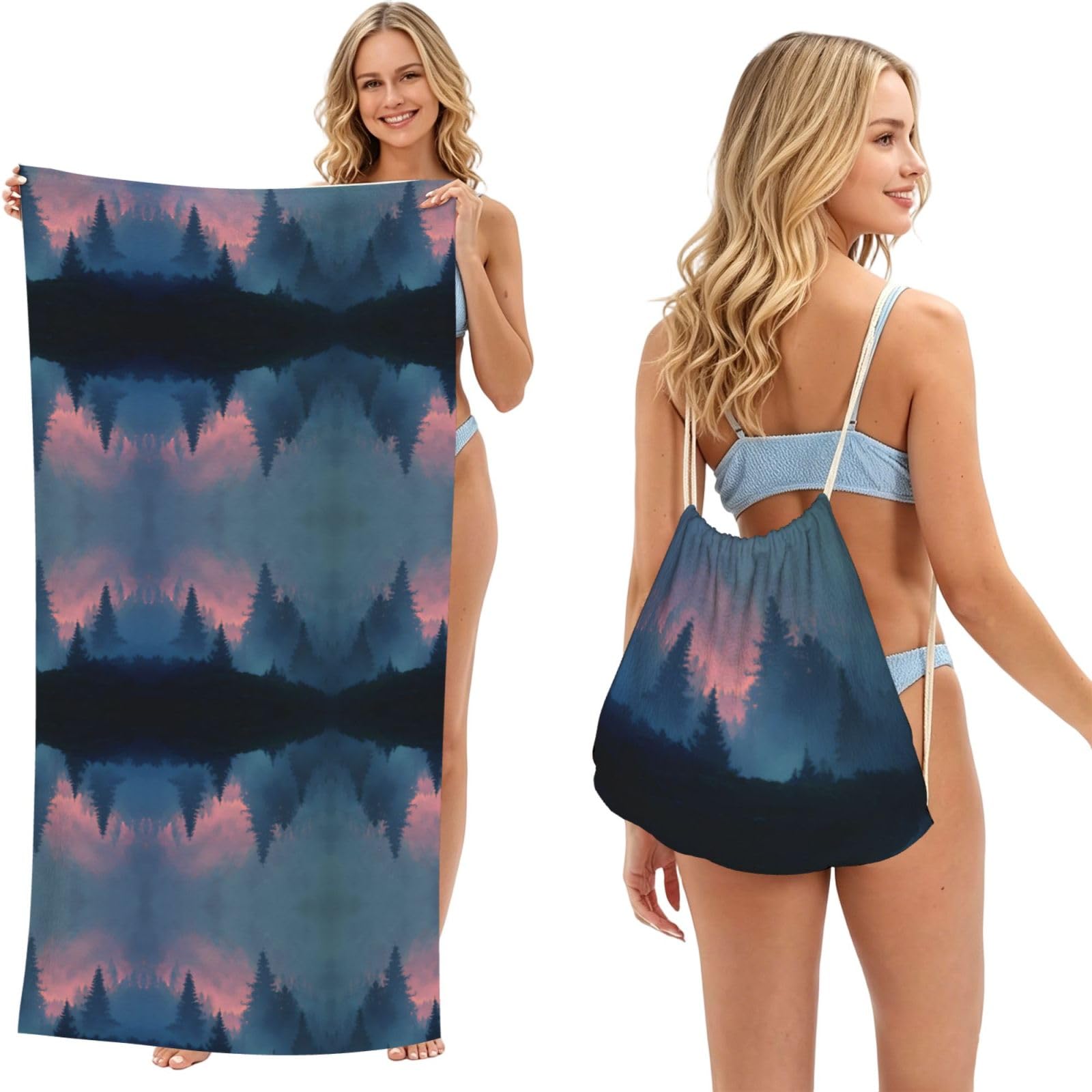 EZDLOWVBA Misty Forest Print Beach Towel Backpack 2 In 1 Summer Large Lightweight Beach Towel - Multifunctional Ship Pattern Towel Bag For Storage,Sport