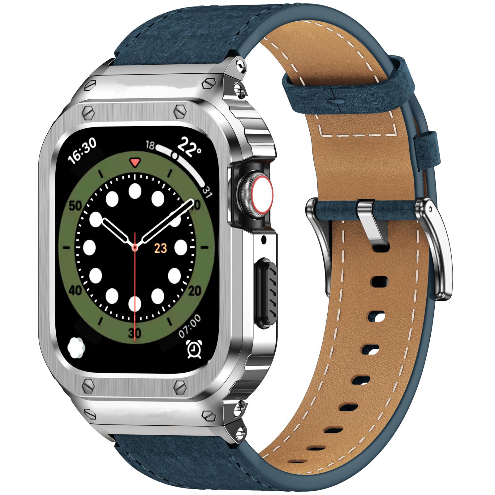 SUPLINK Stainless Steel Case and Bands Compatible with Apple Watch 45mm Bands,Leather Strap Rugged Cover for iWatch Series 9 8 7