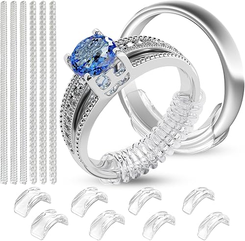 Medidores de anillos para anillos sueltos, 8 ajustadores de anillo de fácil clip y 6 ajustadores de bobina, protectores de anillo para mujeres y