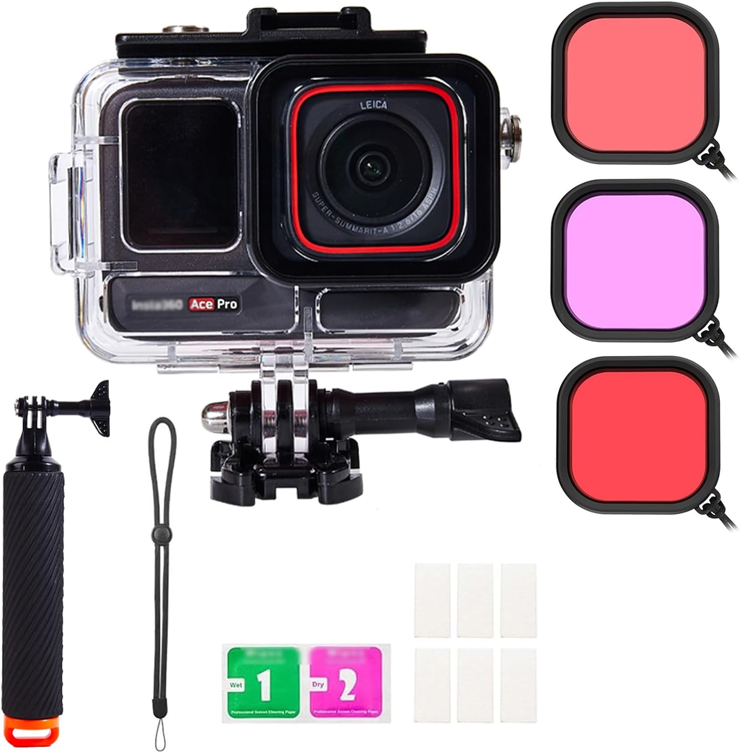 Waterproof Case for Insta 360 Ace Pro with 3 Pack Dive Filters, 196FT/60M Underwater Protective Housing Dive Kit, Professional Action Camera Dive Accessory