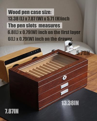 Miniatura 4 de Besforu vitrina de madera de la pluma de 36 ranuras Pluma estilográfica caja organizador de almacenamiento con cajón, ventana superior ventana pluma