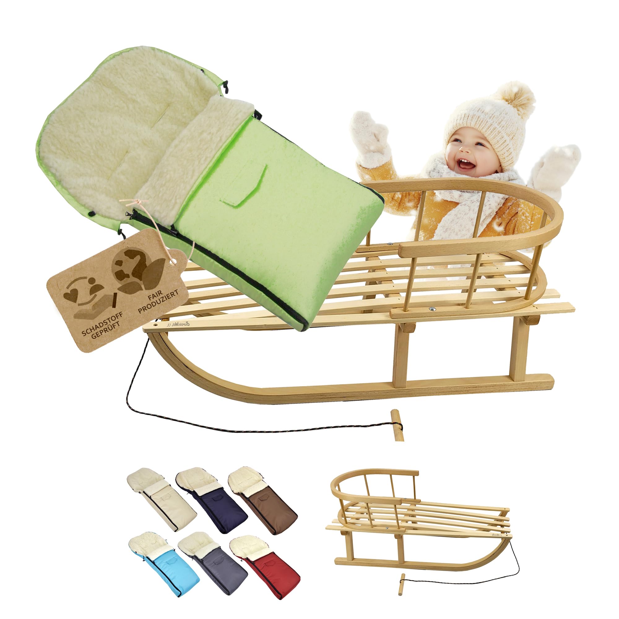 BambiniWelt Luge en bois avec dossier, corde de traction, chancelière d'hiver 90 cm, laine d'agneau chaude, imperméable, ensemble combiné pour poussette et buggy (vert)
