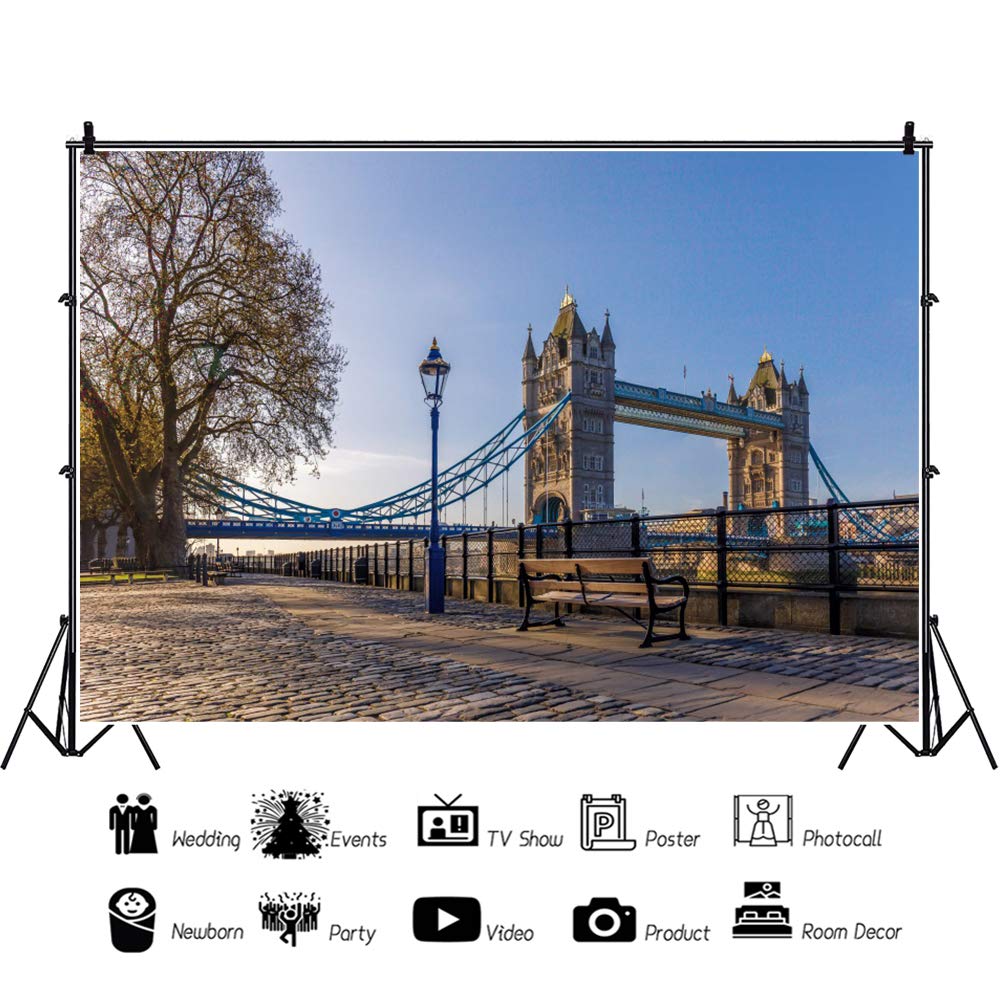 SDOTPMT 10x7ft London Tower Bridge Polyester Backdrop European Modern Architecture The Thames Cityscape Street Bench Background Outdoor Travel Vacation Europe Sightseeing Studio Props - Image 2