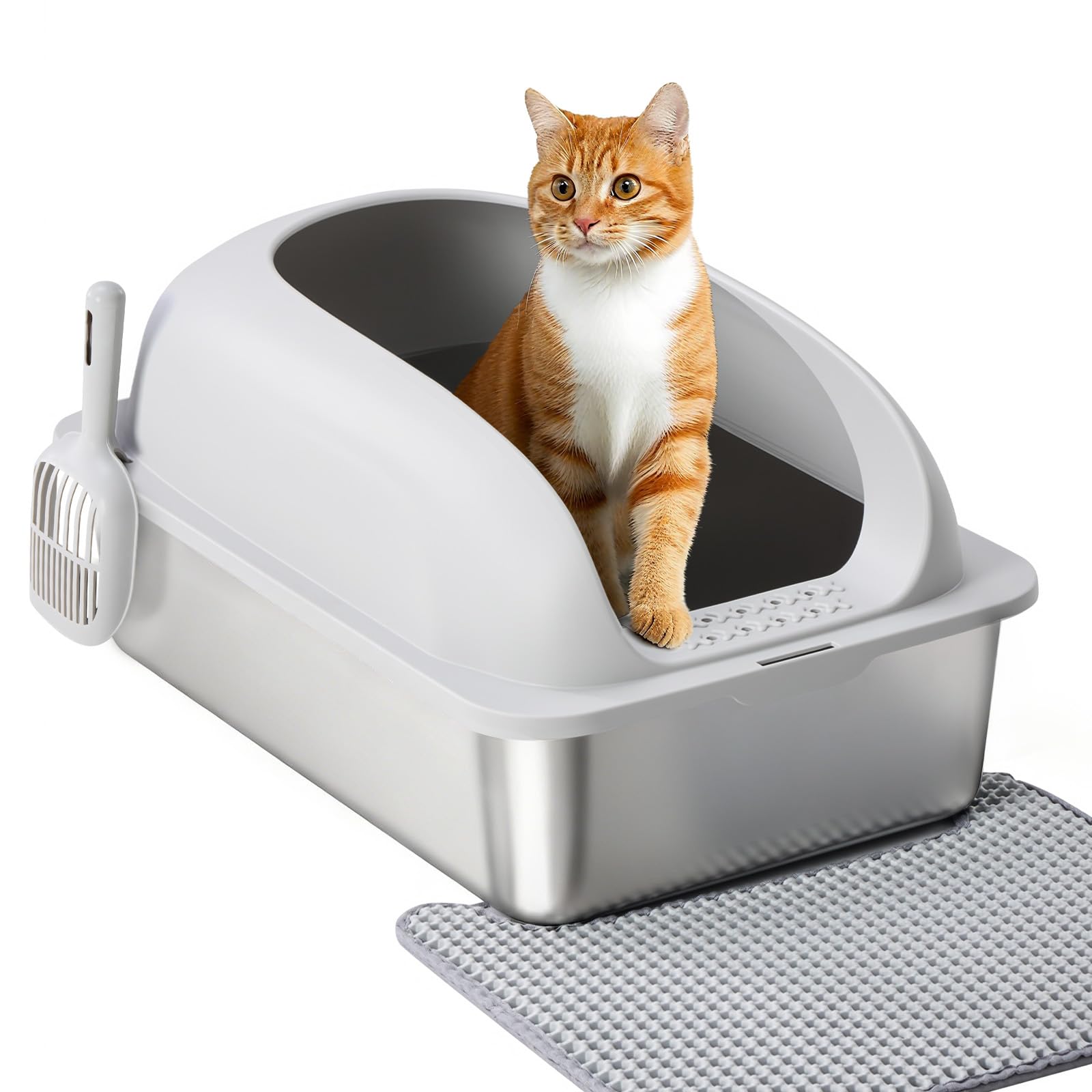 OLIXIS Stainless Steel Cat Litter Box with Lid, Large Cat Litter Box for Big Cats, High Wall Sides, Anti-Urine Leakage, Easy Cleaning, Scoop and Mat Included, Light Gray