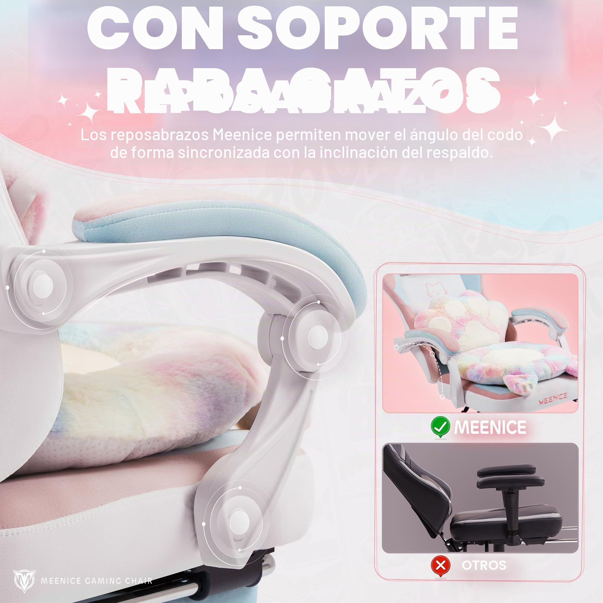 Silla Gaming de Gato con Reposapiés, Cojín Lumbar y Orejas de Gato, Silla Gaming Ergonómica de Terciopelo con Reposapiés para Mujeres, Adultos y Adolescentes, Colorida