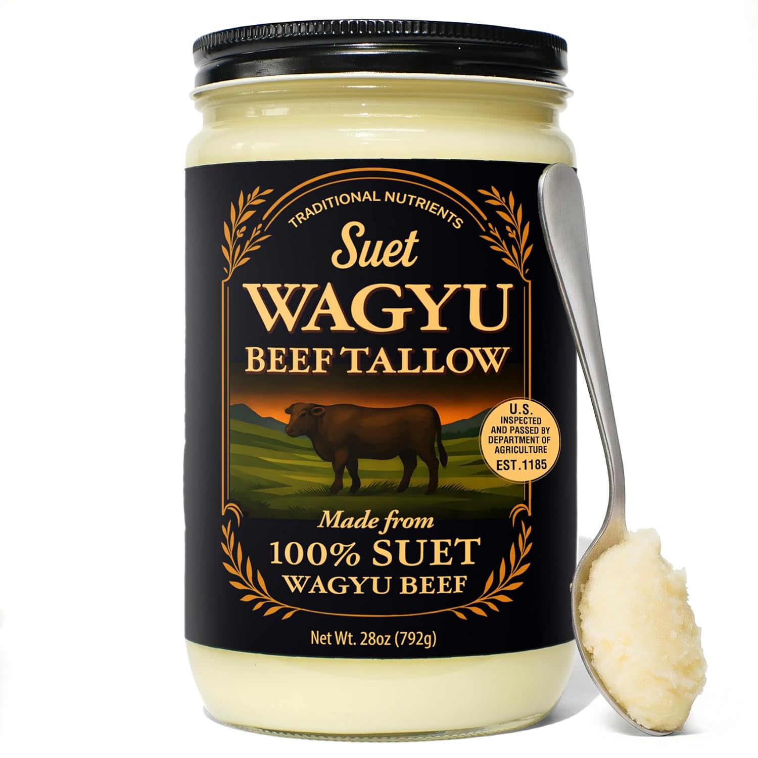 Traditional Nutrients Wagyu Beef Tallow LARGE 28oz Glass Jar, 100% Pure Suet Kidney Fat, Triple-Rendered, USDA Inspected | NO ADDITIVES & NO BLEACHING, Pure Beef Tallow
