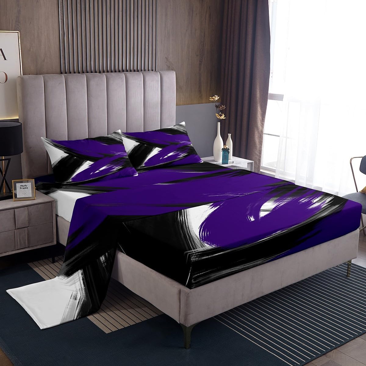 jejeloiu Black Purple Bed Sheets Set Twin Size Modern Abstract Art Bed Set for Kids Boys Girls Geometric Deep Pocket Fitted Sheet Breathable Soft Lightweight Microfiber