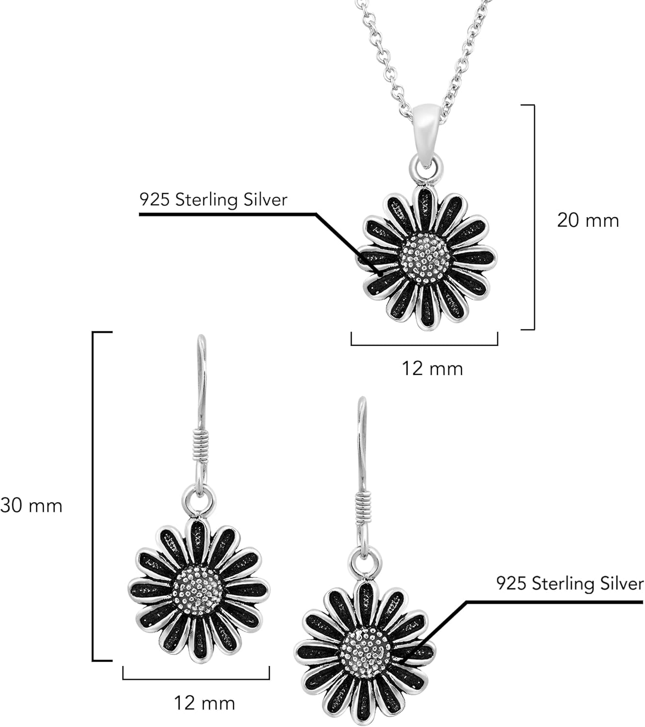 AeraVida Spring Elegance Daisy in Bloom Boho Style .925 Sterling Silver Earrings Necklace Set