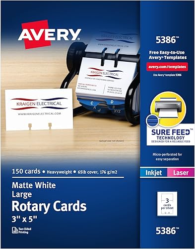 Avery Tarjetas rotativas imprimibles con tecnología Sure Feed, 3 x 5 pulgadas, blancas, 150 tarjetas en blanco para impresoras láser o de inyección