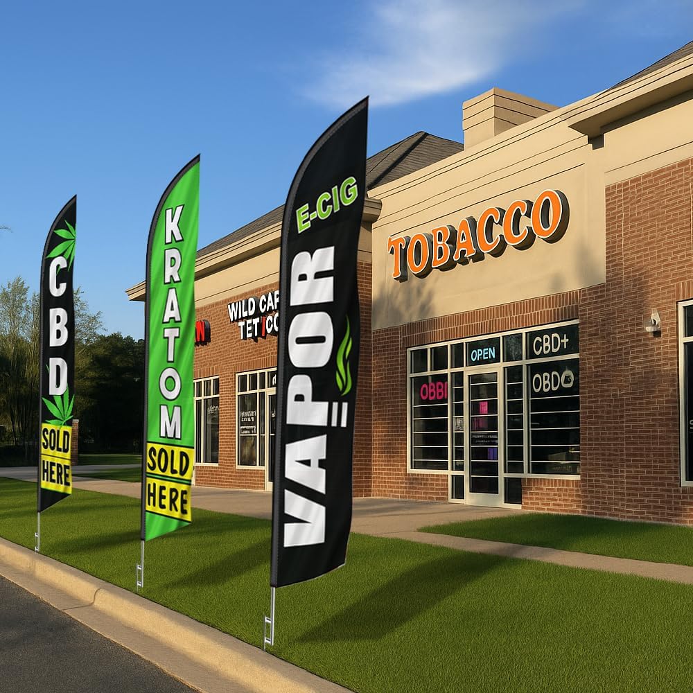 CBD Kratom Sold HereE-Cig Vapor Smoke Shop Advertising Feather Flag Kits Package, Includes 3 Banner Flags, 3 Flag Poles, and 3 Ground Stakes FFN