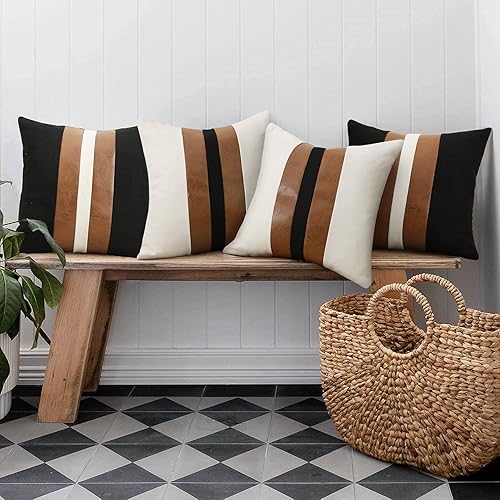Miniatura 5 de JASEN Juego de 2 fundas de almohada de cuero de 20 x 20 pulgadas, fundas de almohada decorativas en blanco y negro de color marrón, funda de cojín