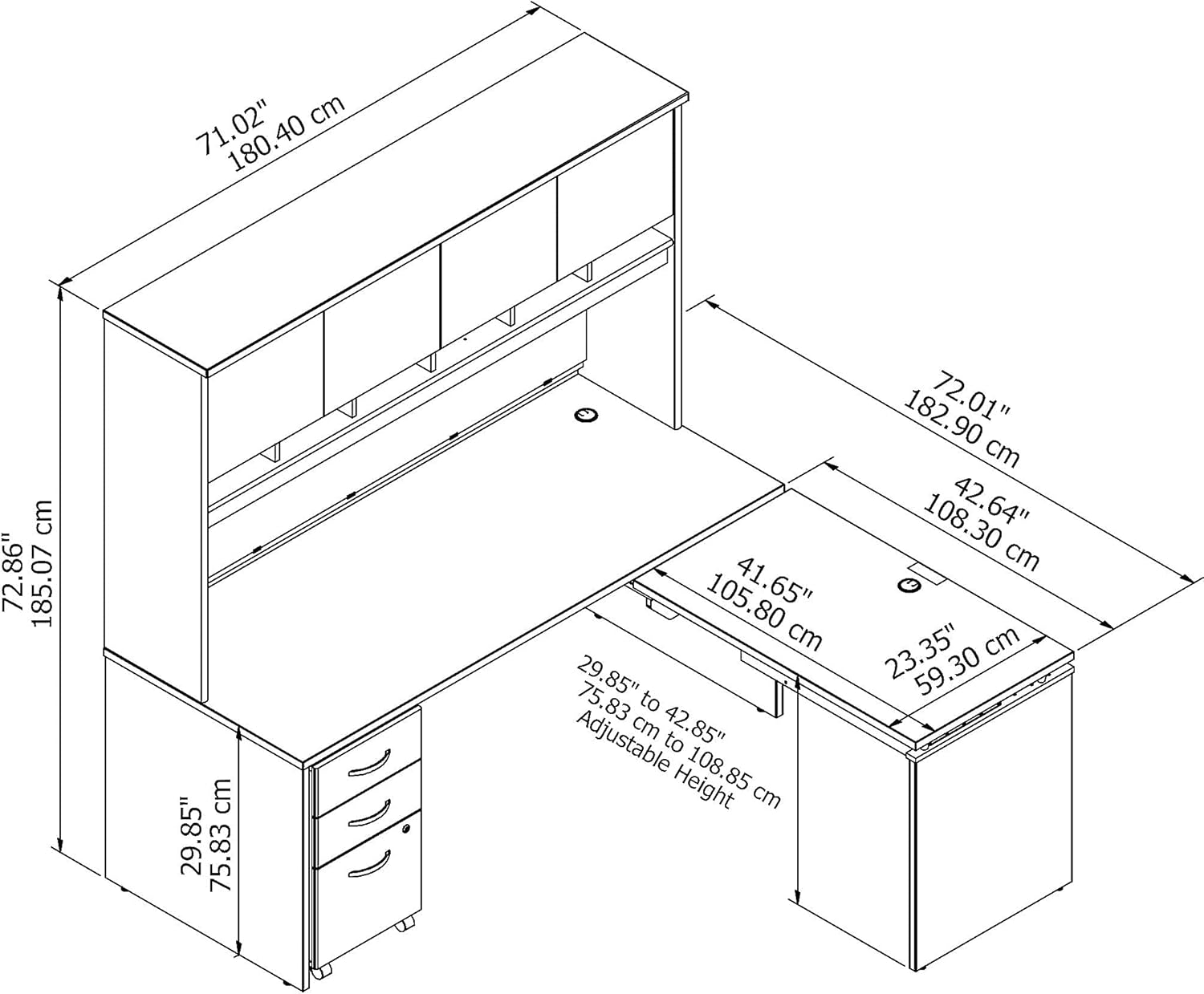 Bush Business Furniture Series C 72W x 30D 3 Position Sit to Stand L Shaped Desk with Hutch and Mobile File Cabinet in Hansen Cherry/Graphite Gray