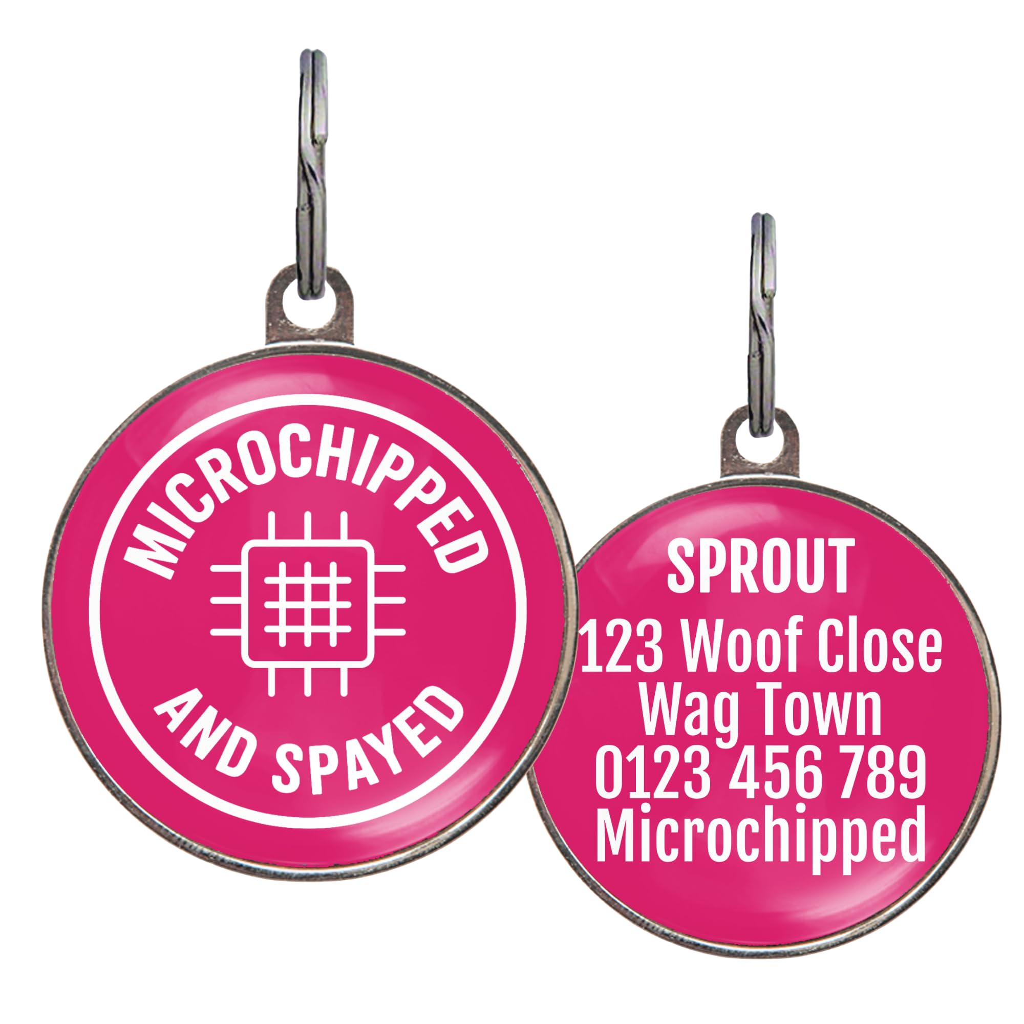 Microchipped Dog Tag – Microchipped & Spayed Design – Customised, 6 Colour Options, 2 Sizes – Waterproof, Double-Sided Metal Pet ID Tag for Dogs & Cats – Lightweight & UK Made