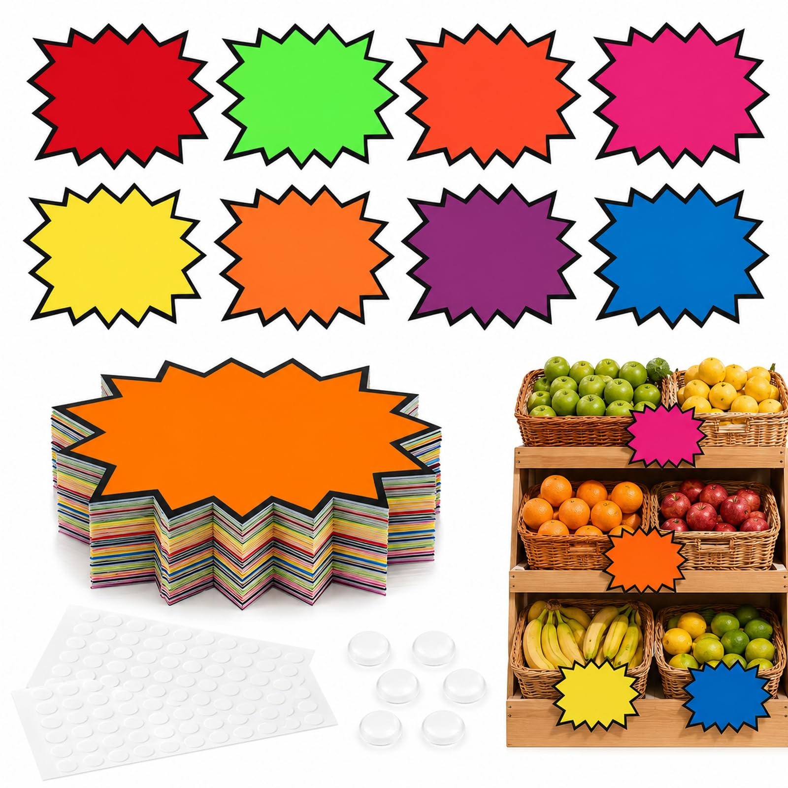 80 Pcs Starburst Price Tags 14x18mm, 8 Neon Colours Sale Labels with Black Border, 100 Removable Adhesive Dots, Retail Price Stickers for Shop Market Stall Display