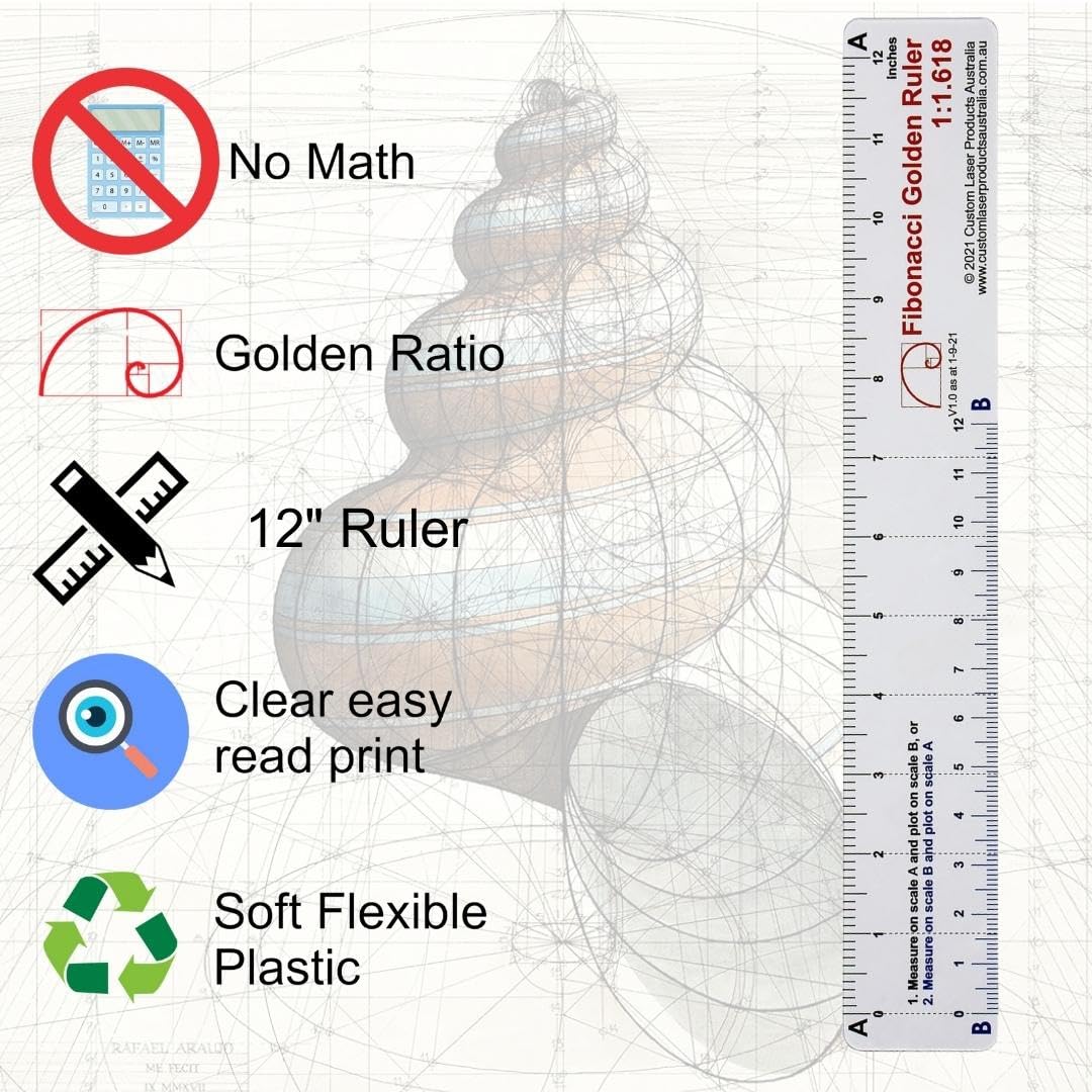 12" No-Math Fibonacci Ruler — Flexible Clear PETG | Fibonacci Proportions Without Arithmetic | Drawing, Drafting and Layout | Made in Australia