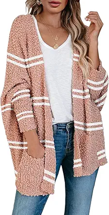 Saodimallsu Women's Chunky Popcorn Cardigan Oversized Open Front Boyfriend Batwing Long Sleeve Fuzzy Knit Sweaters