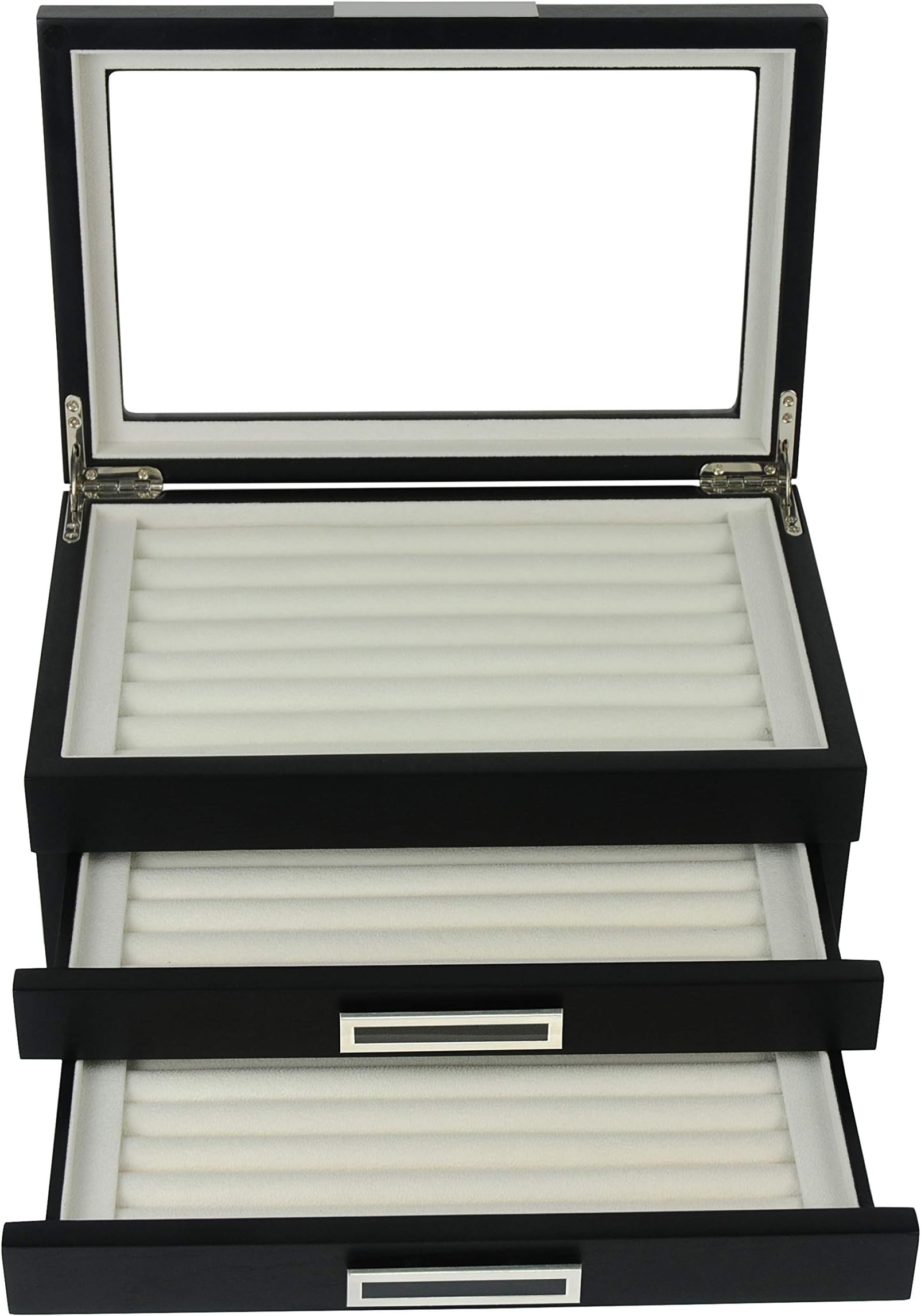 Black Ebony Wood Cufflink Case & Ring Storage Organizer with Stainless Steel Engravable Design Accent Men's Jewelry Box for 108 Cufflinks