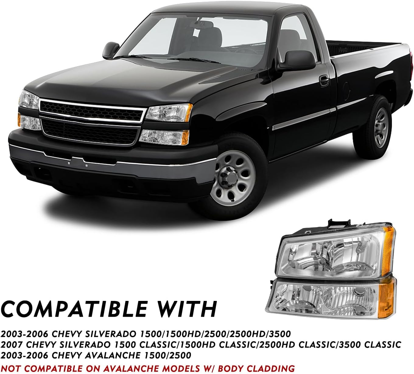 4 PCS Fits for 2003 2004 2005 2006 Chevy Silverado Headlight Assembly Avalanche NON Body Cladding 1500 2500 HD 3500 w/Bumper Lights Chrome Housing & Amber Reflector Bulbs Included