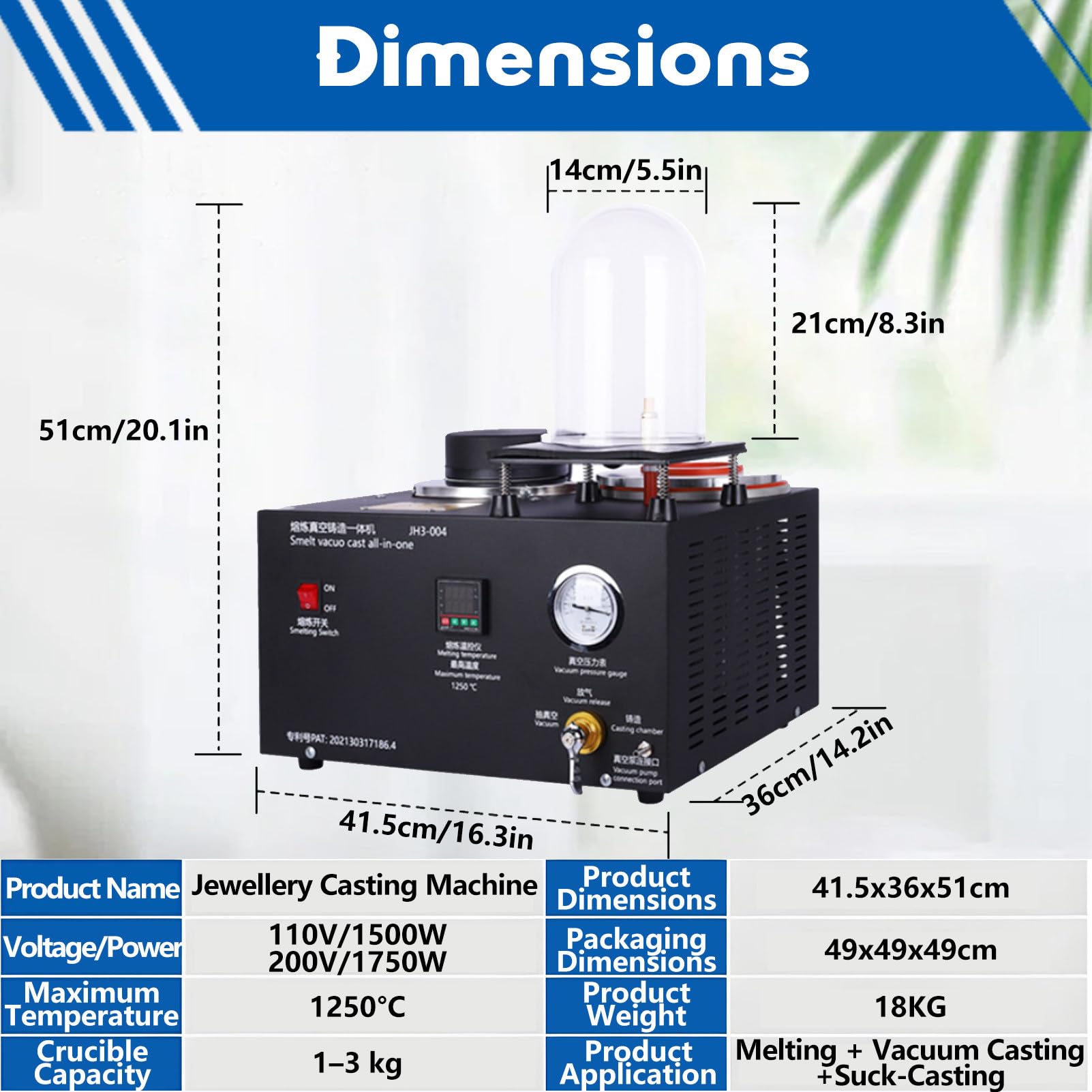 Máquina de fundición al vacío, pantalla digital, herramienta de fundición de metales preciosos a alta temperatura, 1/2 HP, con crisol de grafito, para la fabricación de joyas de oro y plata. 2KG