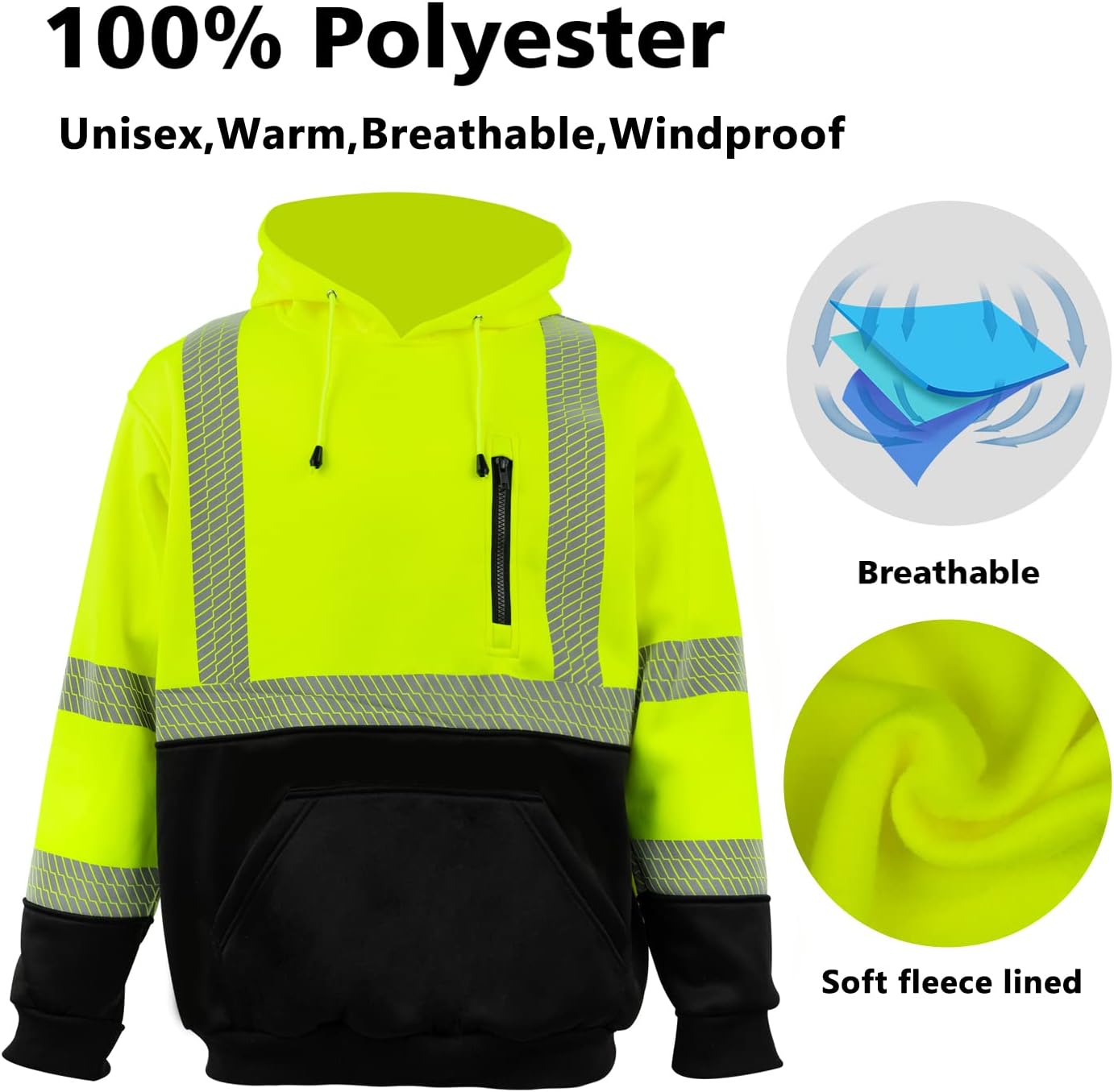 VENDACE High Visibility Reflective Safety Fleece Sweatshirt Hoodies for Men ANSI Class 3 Hi Vis Pullover Hoodie Jacket (Yellow,L) - Image 5