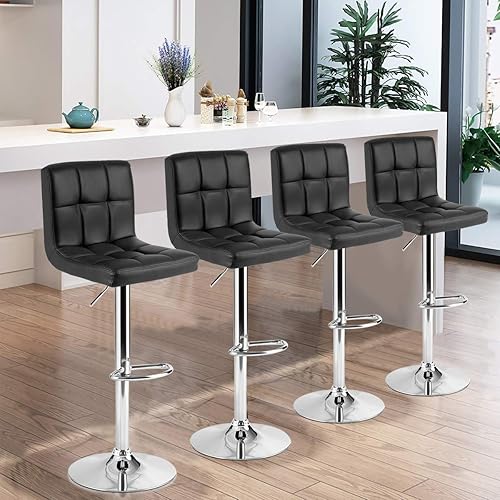 Miniatura 37 de WATERJOY Taburetes de bar giratorios, moderno cuadrado de piel sintética ajustable altura giratoria silla de bar con respaldo Blanco,Negro