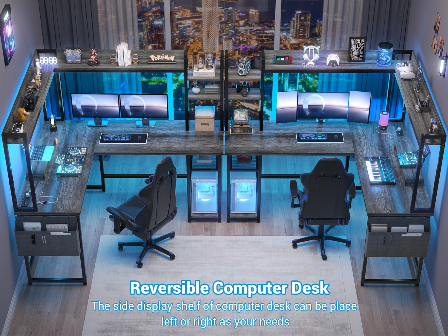 Aheaplus L Shaped Desk with Power Outlet, L Shaped Gaming Desk with Led Light & Hutch, Reversible Home Office Desk, Corner Computer Desk Writing Desk with Monitor Stand & Storage Shelves,